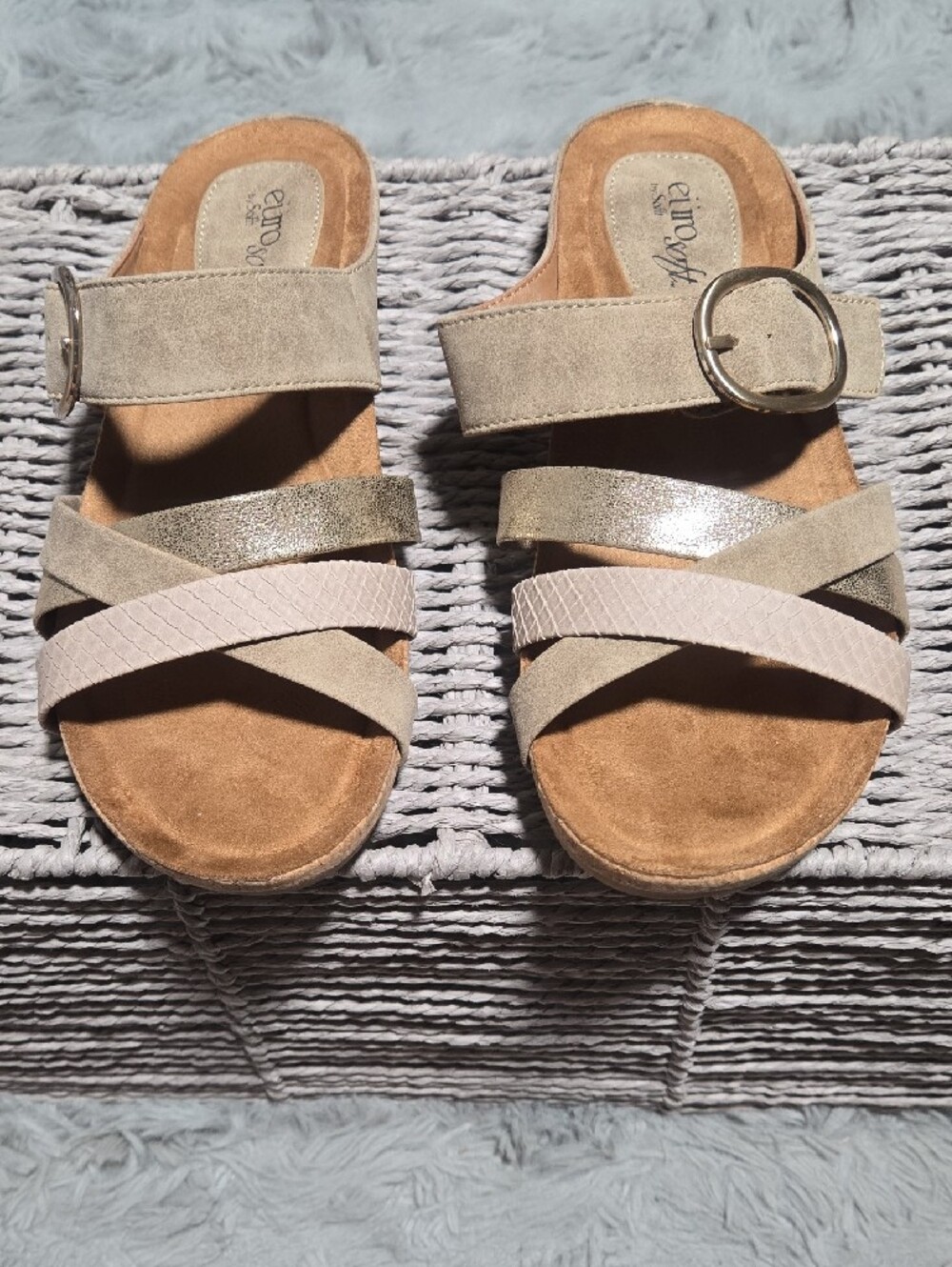 NEW Euro Soft Multi-Strap Slide Sandals with Fake Easy Buckle SZ 8